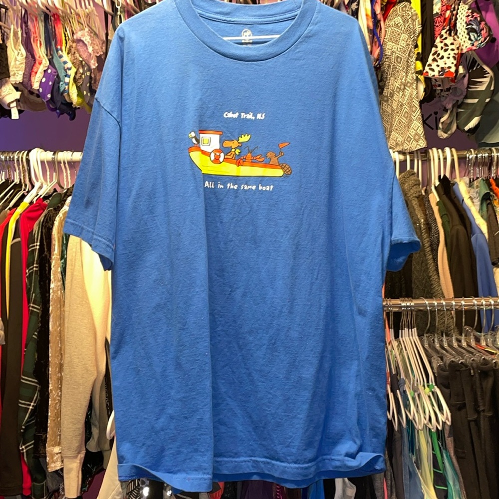 Cabot Trail All in the same Boat shipping boat blue tshirt size XXL Cape Breton